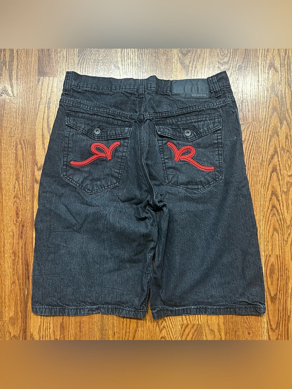 RocaWear Jorts Mens 38 Black Jean Denim Embroidered Baggy Hip Hop Flap